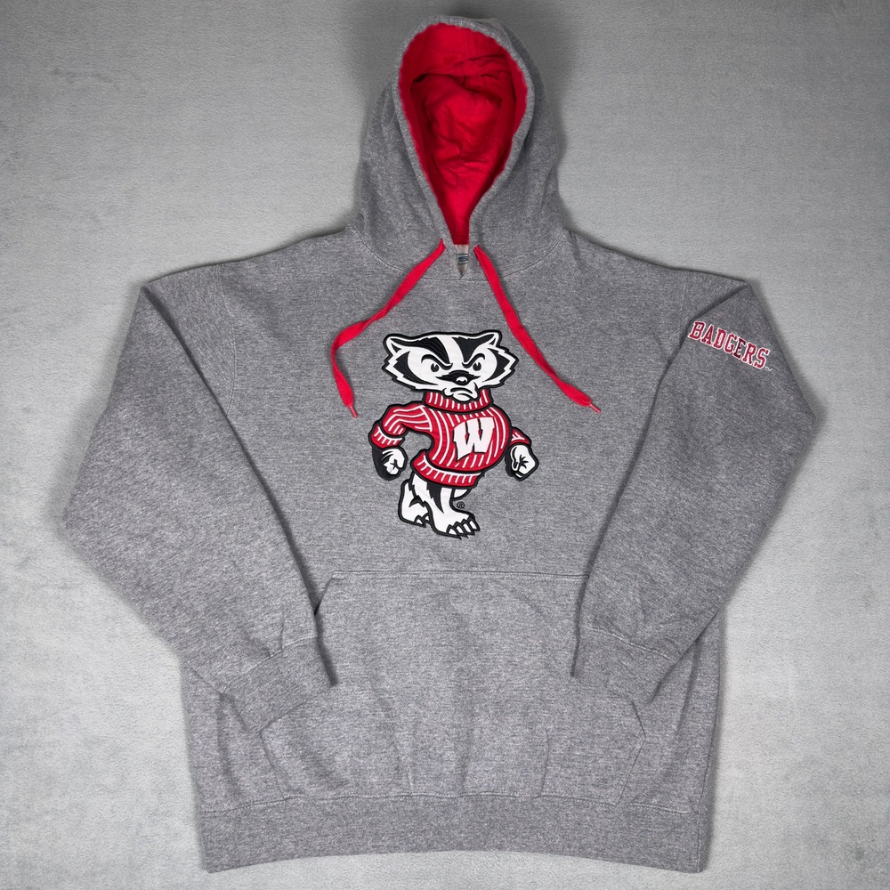 Wisconsin Badgers Bucky Badger Hoodie Gray Red Graphic Sweatshirt Mens Large‎